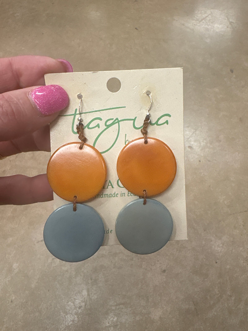 8421- Orange & Light Blue Circle Tauga Nut Earrings