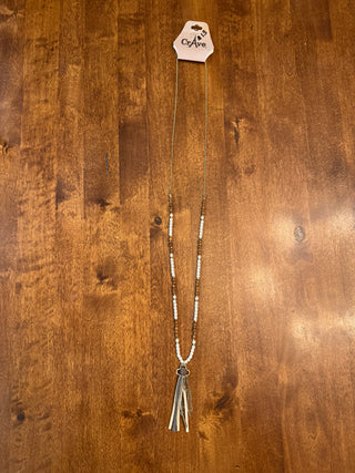 Gold Wood Bead Pearl Tassel Necklace