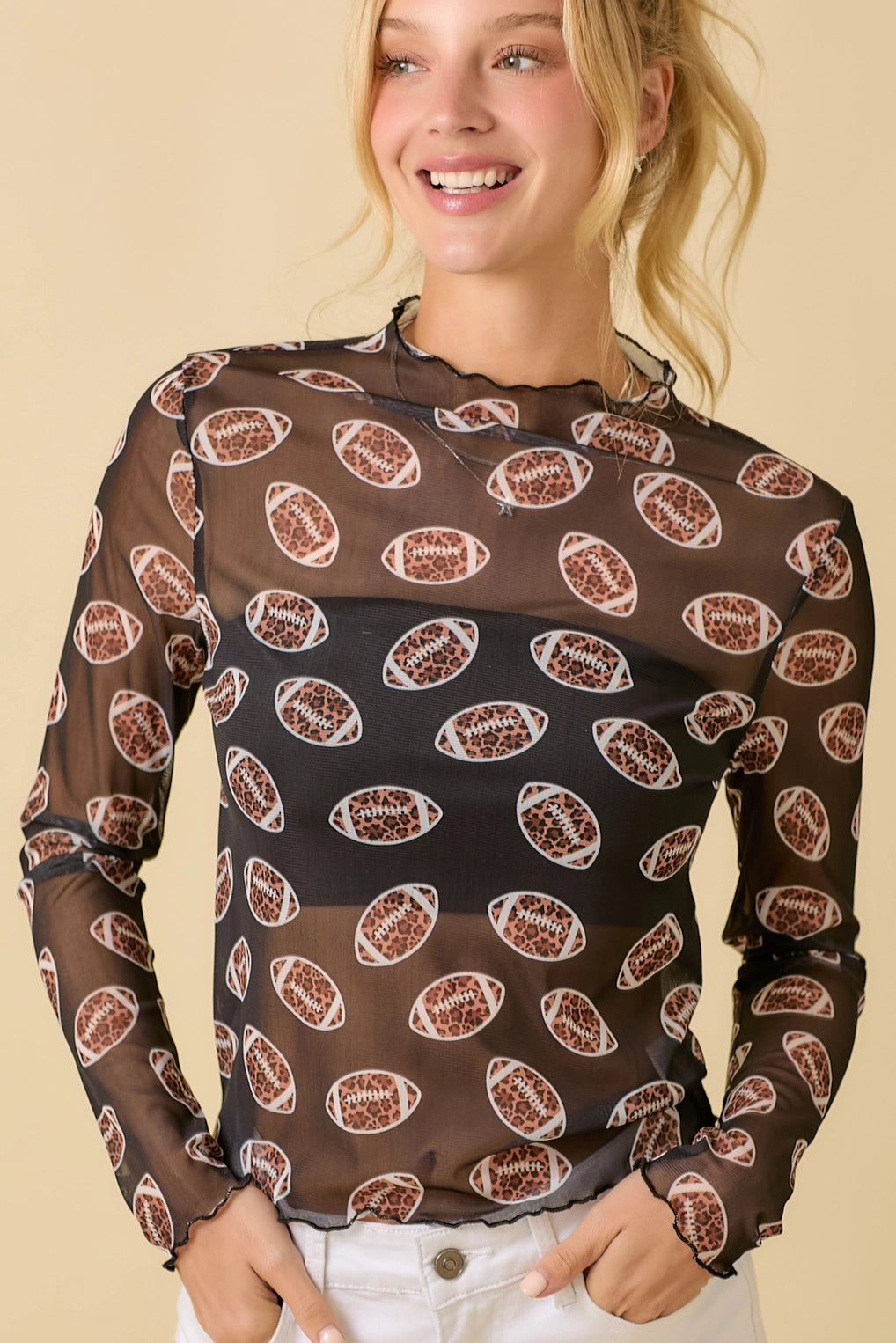 Leopard Print Football Long Sleeve Mesh Top
