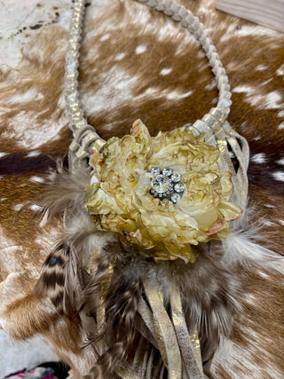 Soft Leather Fringe Flower Necklace: Denim blue