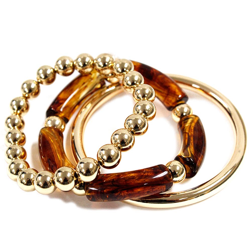 Set of Three Brown Acrylic and Gold Stretch Bracelet Set