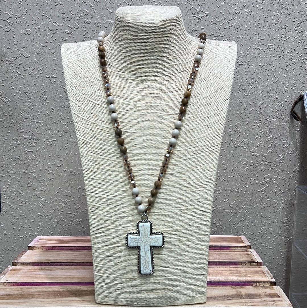 554- Brown Beaded Necklace w/ Cream Cracked Stone Cross Necklace