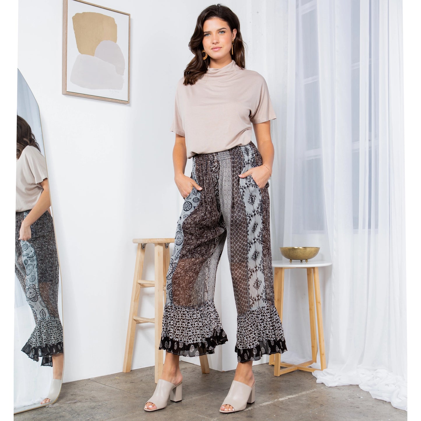 446- Grey Patchwork Whimsy Smoked Waist Ankle Length Pants