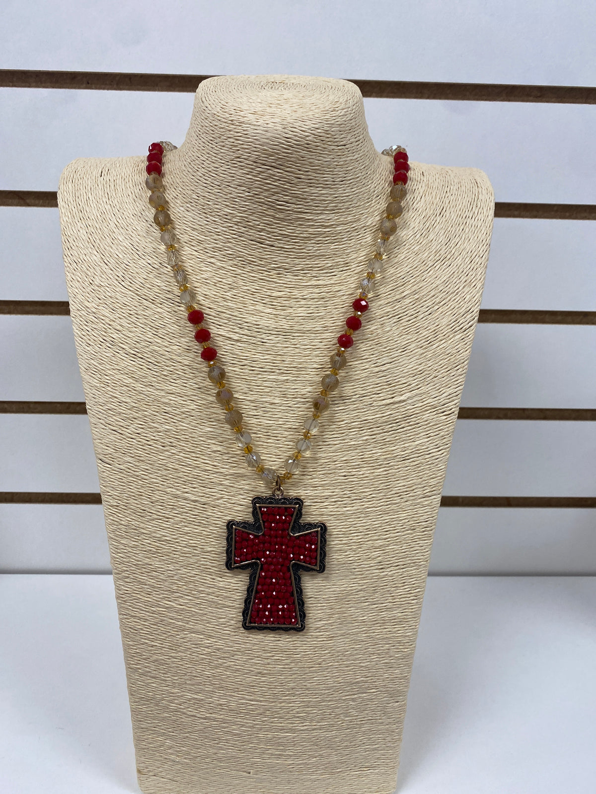 2707- Red Beaded Cross Necklace