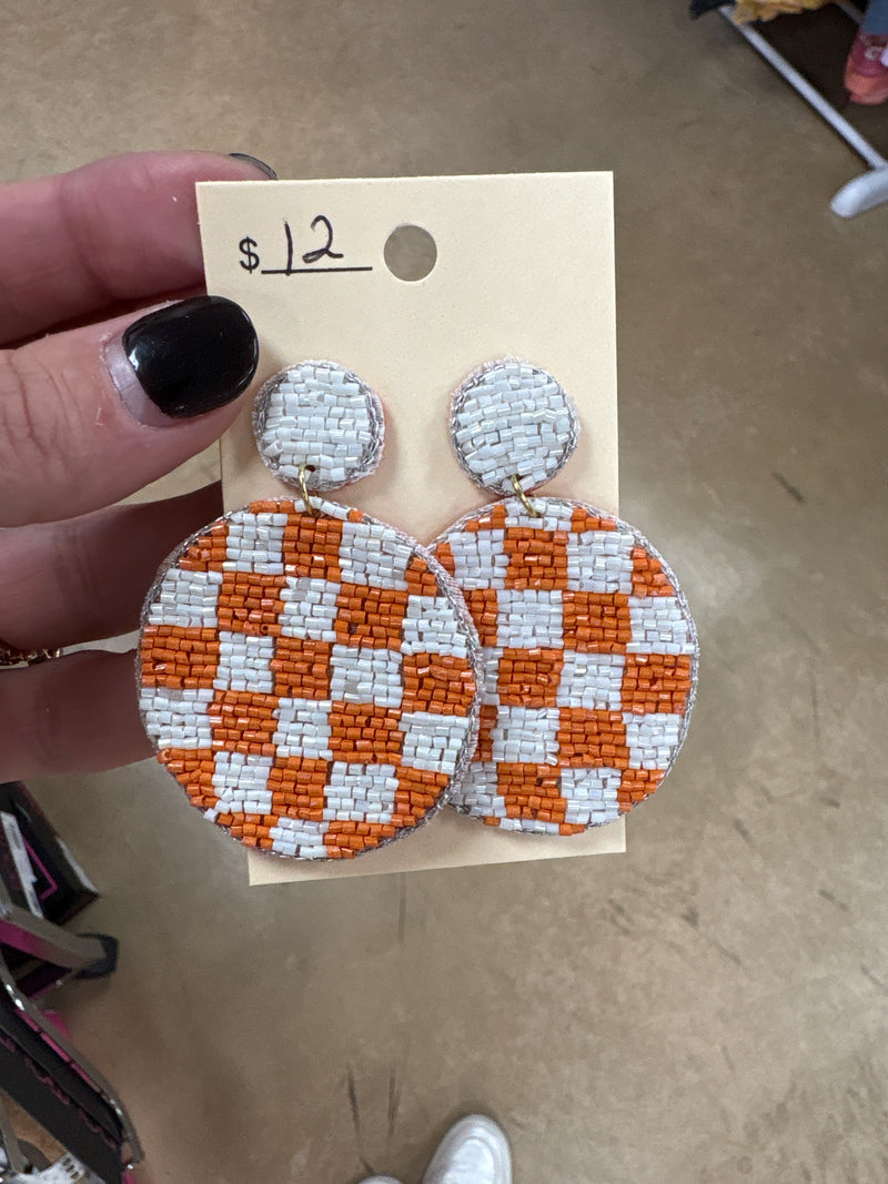 Orange & White Checkered Post Back Beaded Earrings