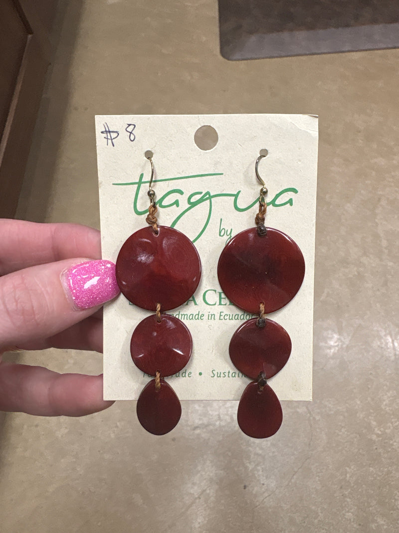 8418- Maroon Three Circle Tauga Nut Earrings