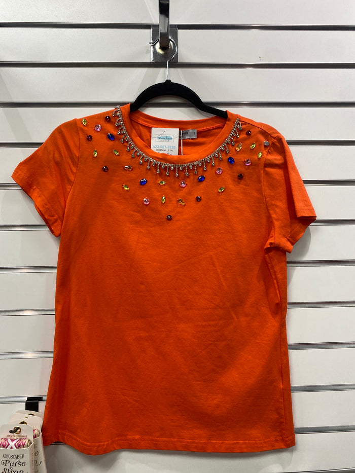 9149- Orange Embellished Neckline Short Sleeve Top