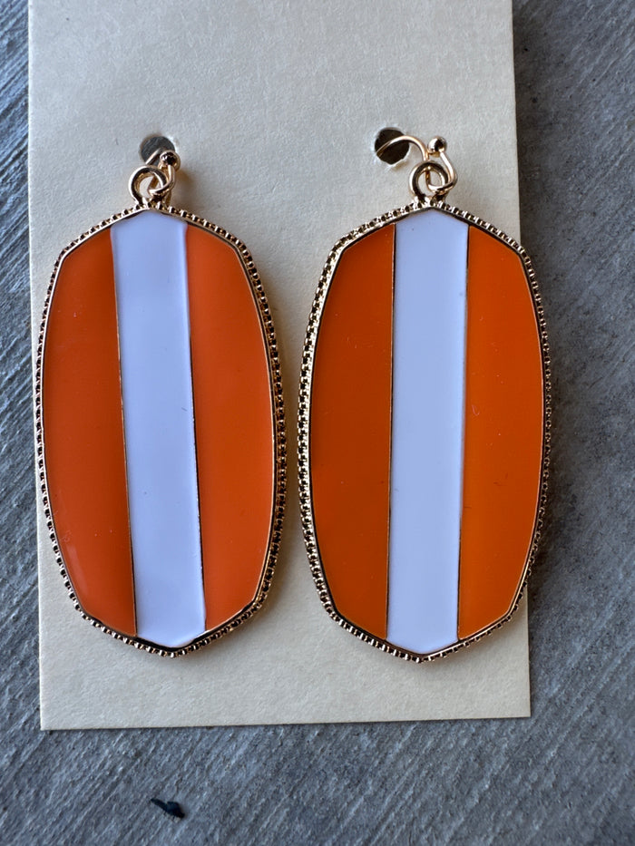 Orange White Striped Hook Gold Earrings