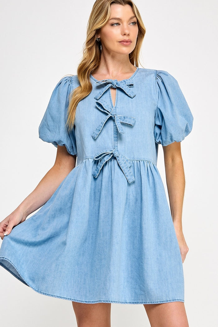 Denim Puff-Sleeve Fit-and-Flare Bow-Tie Denim Dress by Sage + Fig