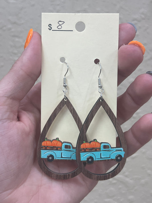 2915- Pumpkin Truck Wooden Earrings