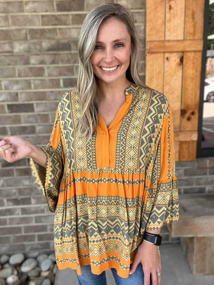 2740- Olive Mustard Tribal Print Boho Top