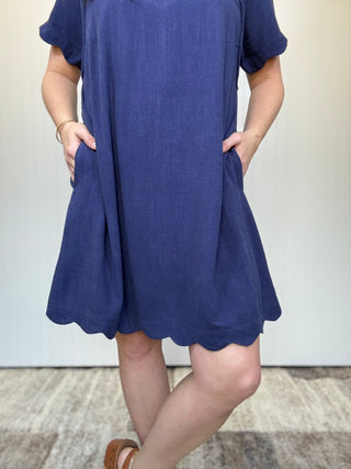 Navy Scalloped Hem Linen Dress by Umgee