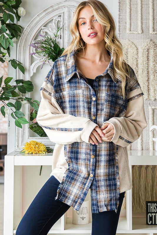 10026- Cream & Navy Plaid & French Terry Mix Flannel Top