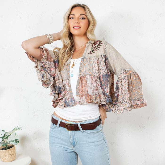 Tiered Patchwork Cropped Shrug by Young Threads