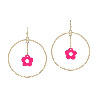 Hot Pink Enamel Flower with Chain and Gold Hoop 1.5" Earring