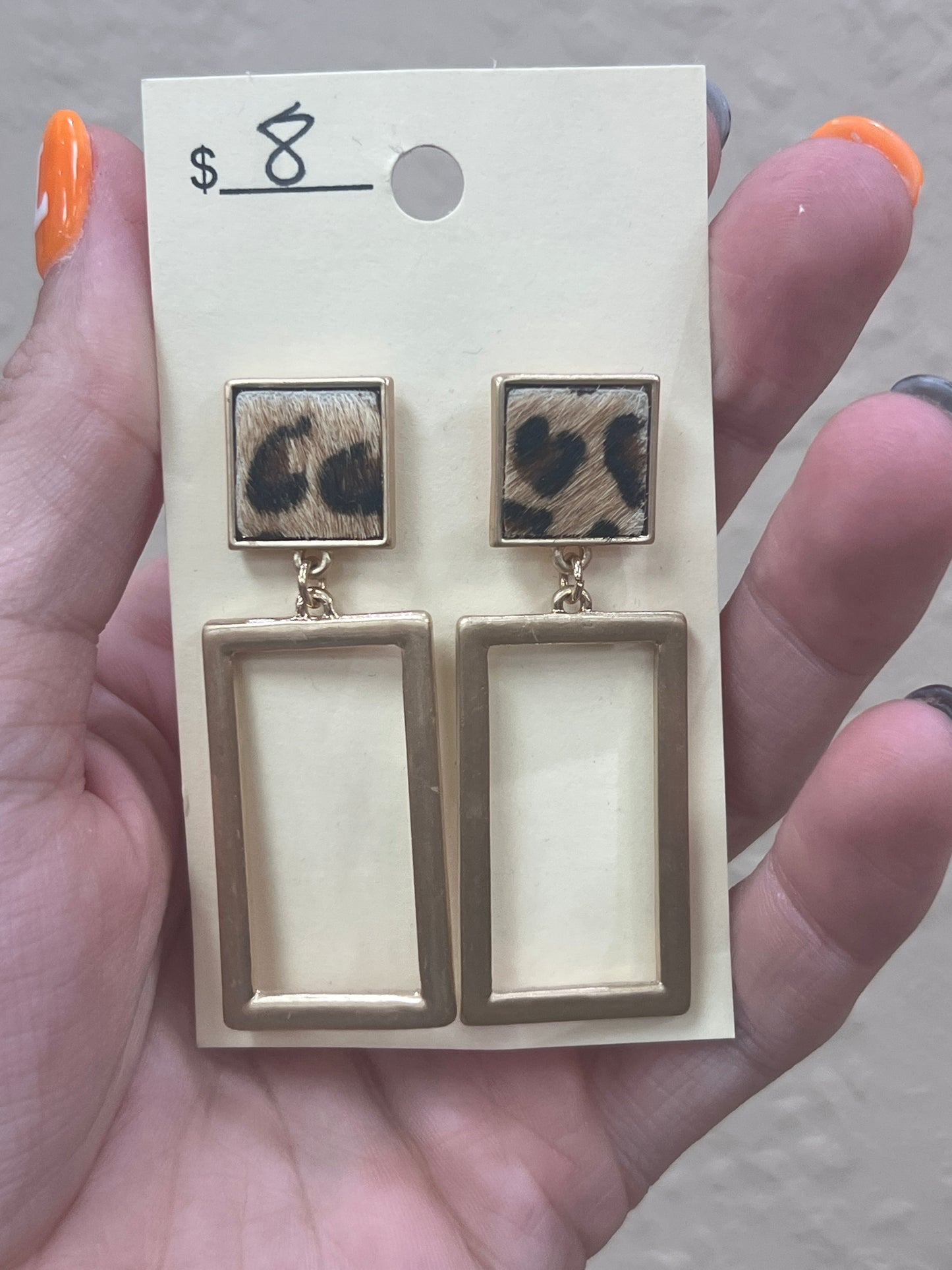 2921- Gold Rectangle Leopard Hair On Hide Earrings