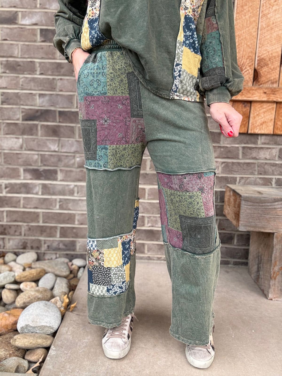 Olive Mineral Washed Boho Block Patch Pants by J. Her