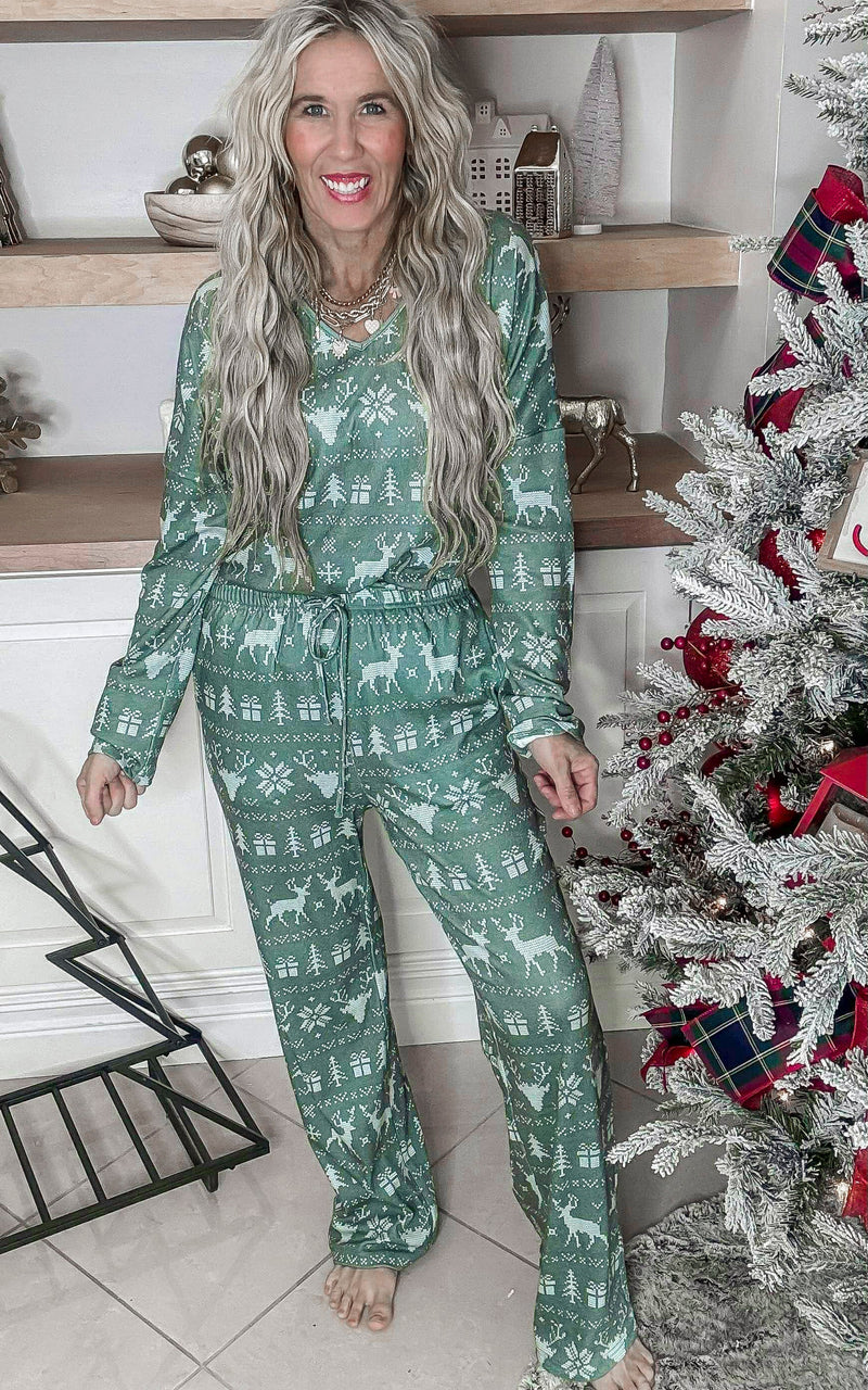 Green Reindeer Long Sleeve Pajama Pant Set by Salty Wave (TOP & BOTTOM) *DEAL*
