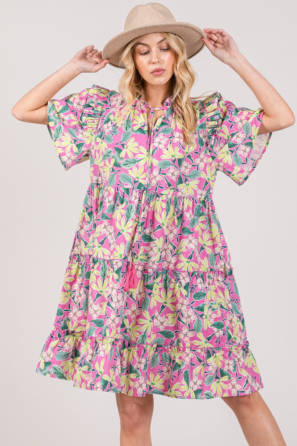 Pink Floral Print Ruffle Sleeve Dress by Sage + Fig