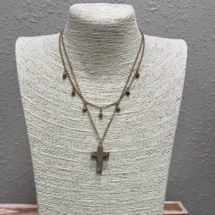 658- Semi-Precious Stone Layer Necklace w/ Cross Detail