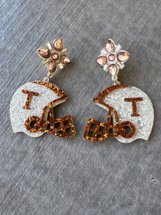 White Orange T Football Earings Bling Stud