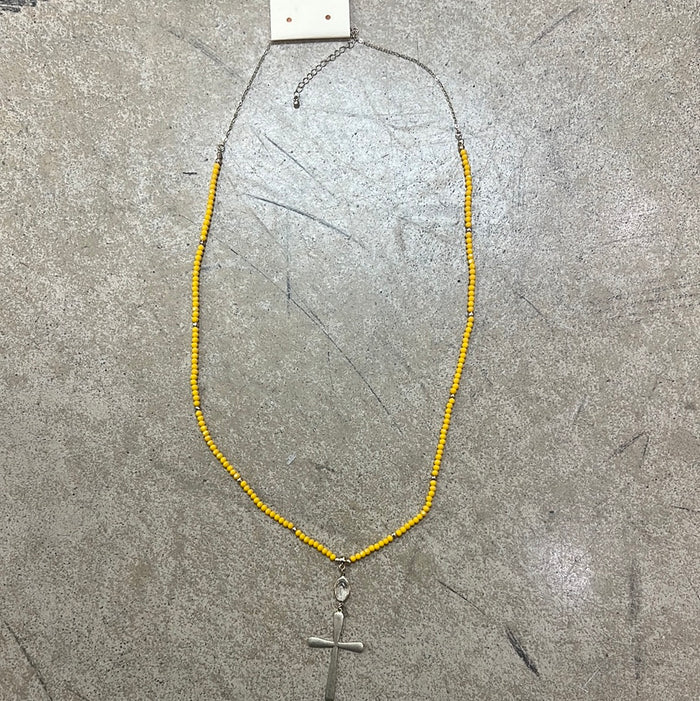 2256- Yellow Beaded Necklace w/ Gold Cross Pendant