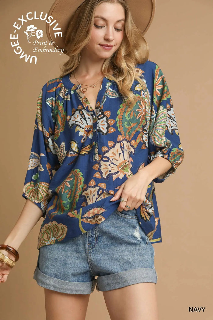 Navy Boho Paisley Puff Sleeve Blouse by Umgee