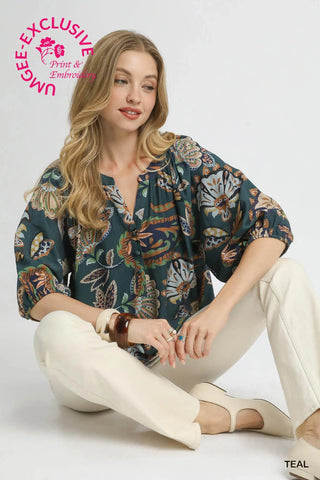 Teal Boho Paisley Puff Sleeve Blouse by Umgee