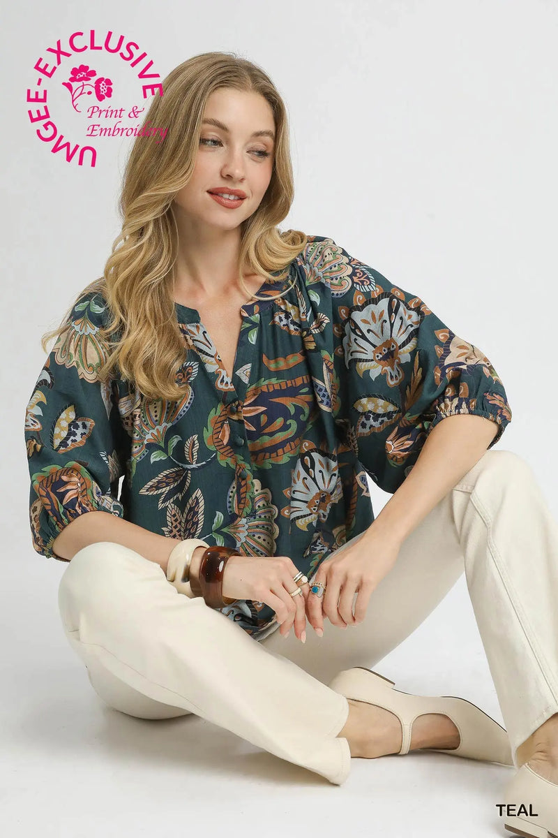 Teal Boho Paisley Puff Sleeve Blouse by Umgee