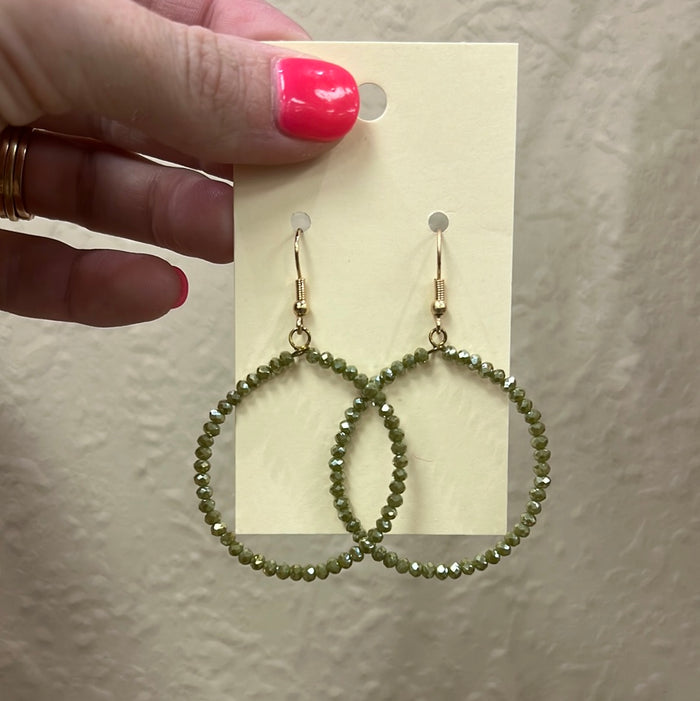 2208- Olive Green Beaded Hoop Earrings