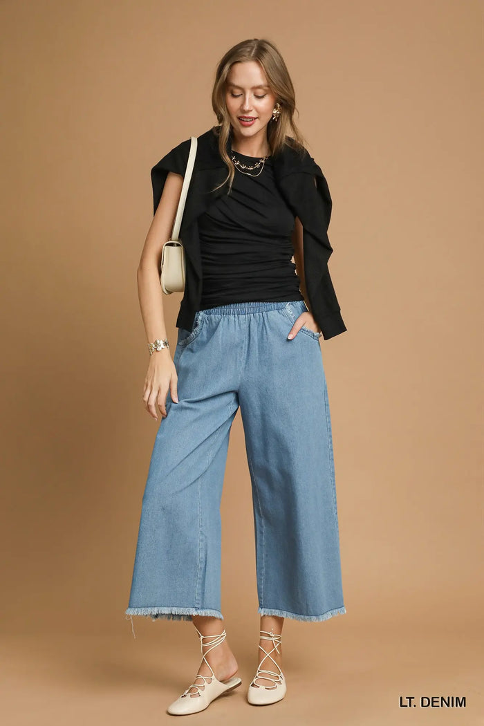Light Wash Washed Denim Pants with Fringe Hem by Umgee