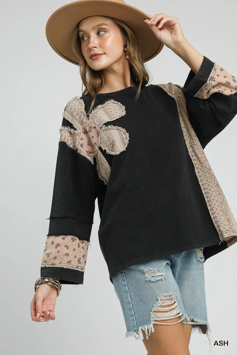 Ash Gray French Terry Patchwork Sleeve Pullover by Umgee