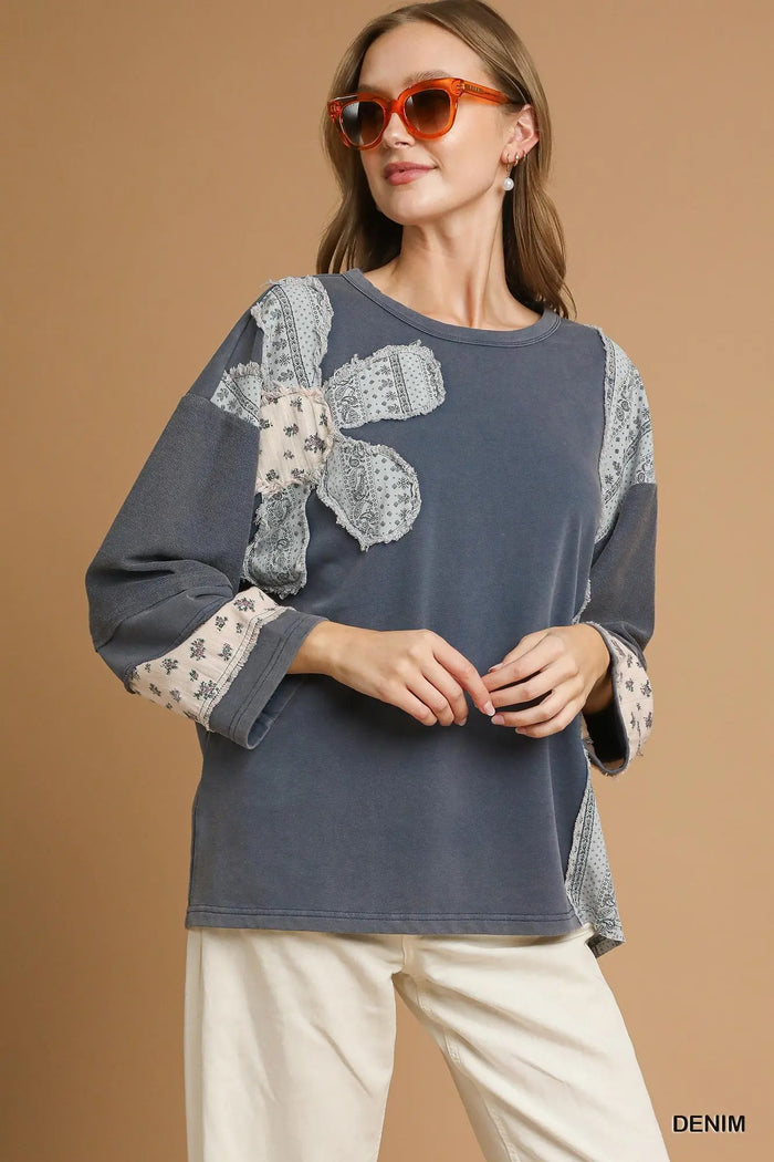 Denim French Terry Patchwork Sleeve Pullover by Umgee