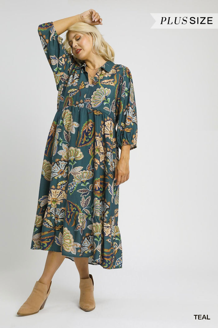 Teal Boho Paisley Tiered Midi Dress by Umgee