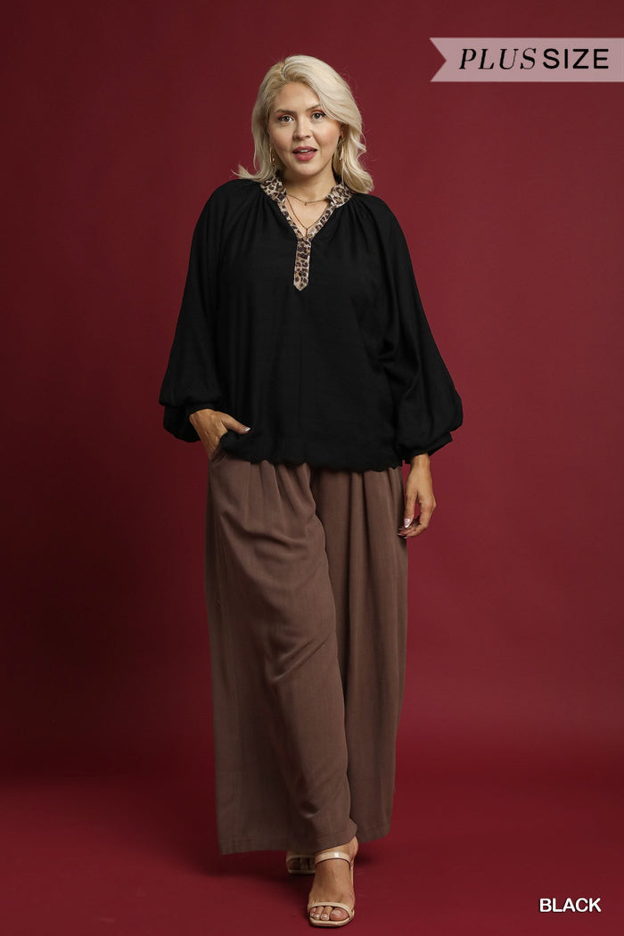 Black Balloon Sleeve Blouse with Leopard Trim by Umgee