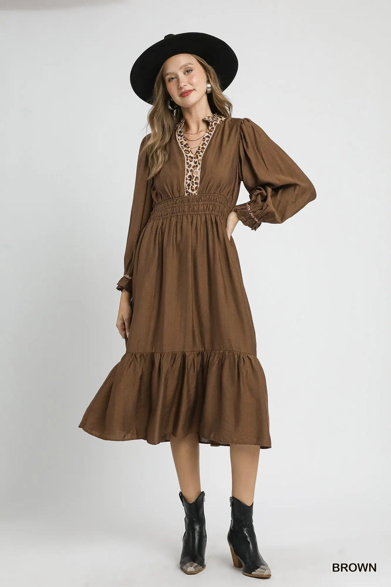 Brown Midi Dress with Leopard Trim and Smocked Waist by Umgee