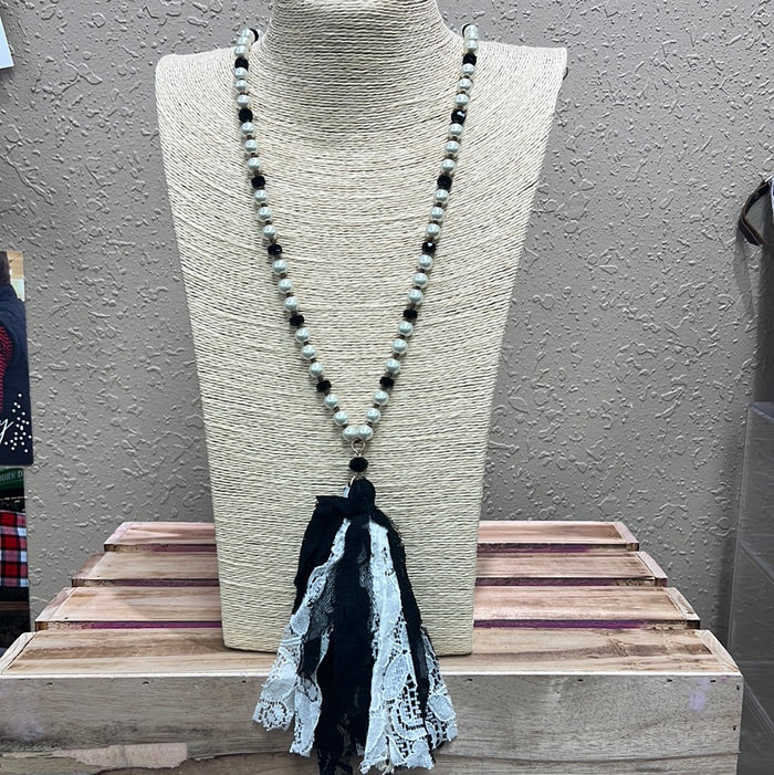 575- Black & White Lace Tassel Necklace