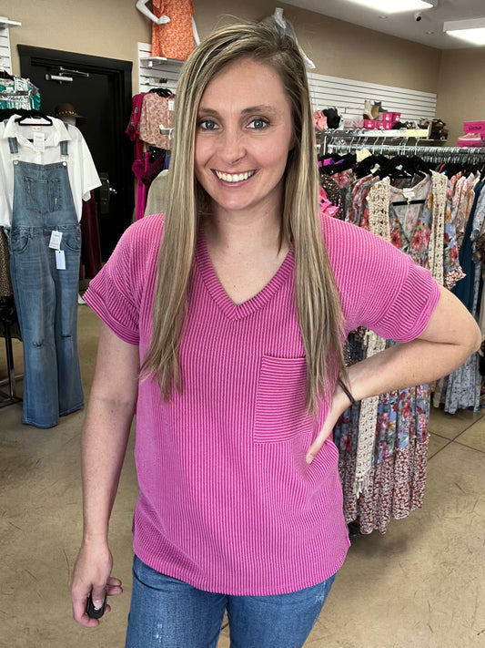 8859- Fuchsia Ribbed V-Neck Top