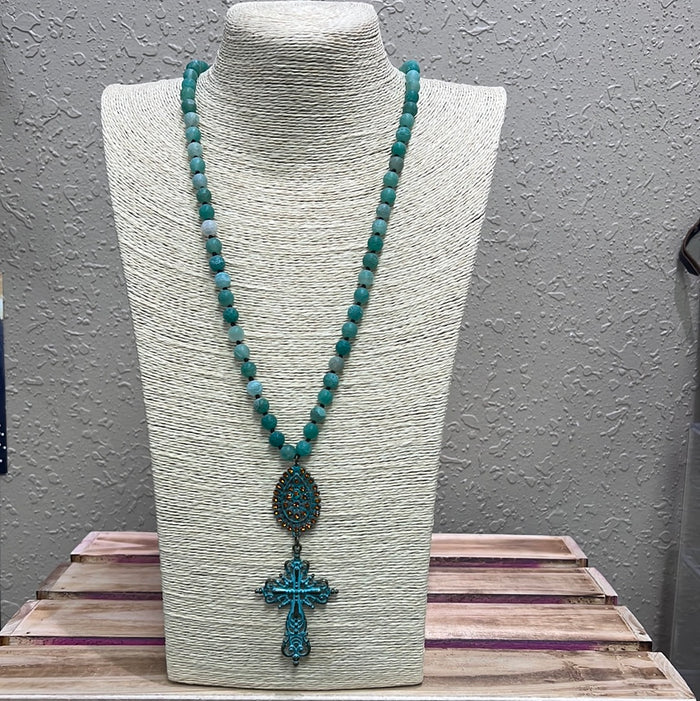 572- Green Beaded Necklace w/ Turquoise Cross Pendant