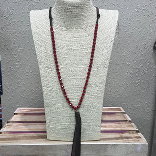 652- Red Beaded Necklace w/ Faux Leather Tassel