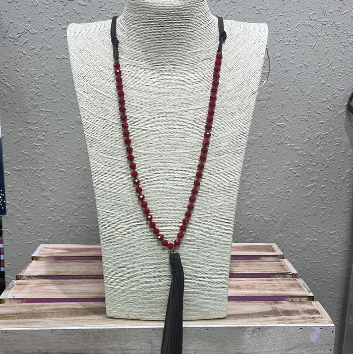 652- Red Beaded Necklace w/ Faux Leather Tassel