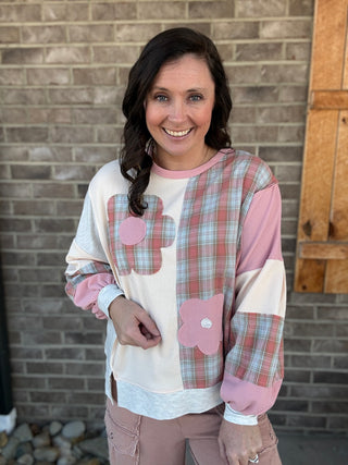 Dusty Rose Flower Patch Plaid Color Block Pullover Top by Haptics