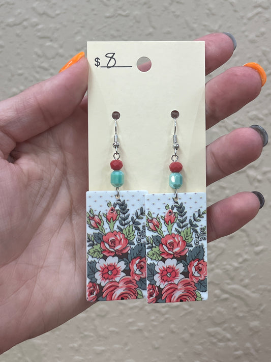 2977- Green & Red Floral Acrylic Earrings