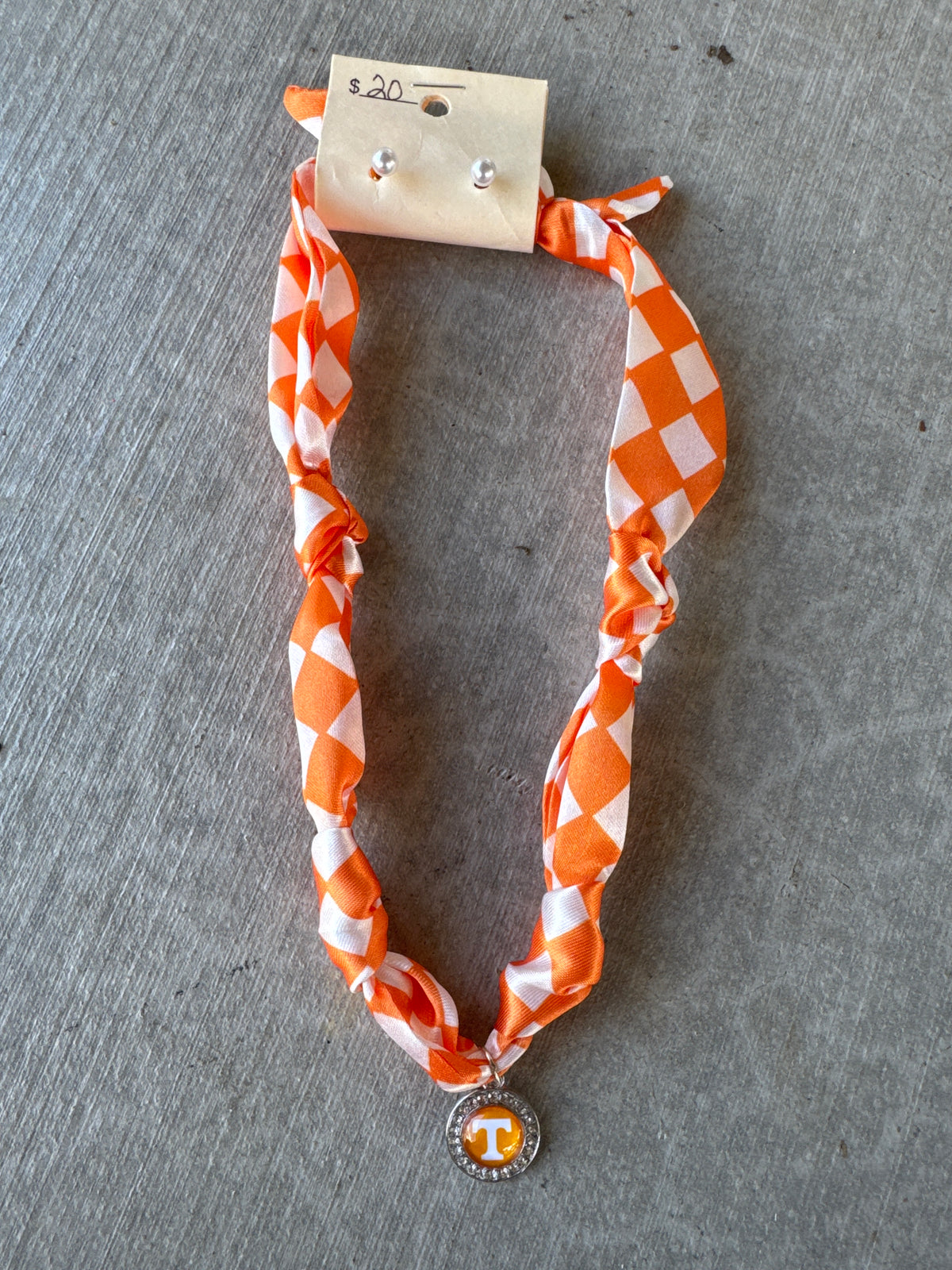 Orange White Checkered Power T Charm scarf Necklace/Earrings
