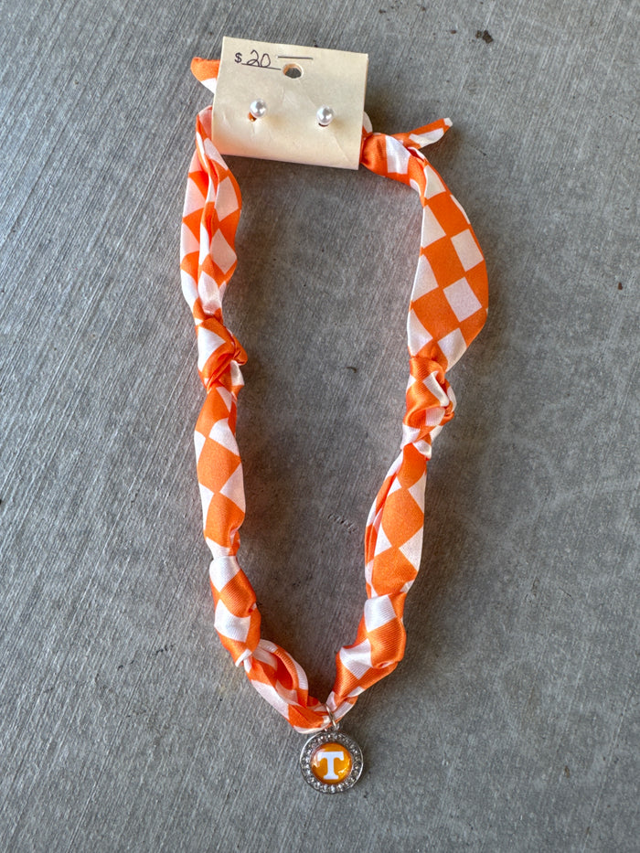 Orange White Checkered Power T Charm scarf Necklace/Earrings