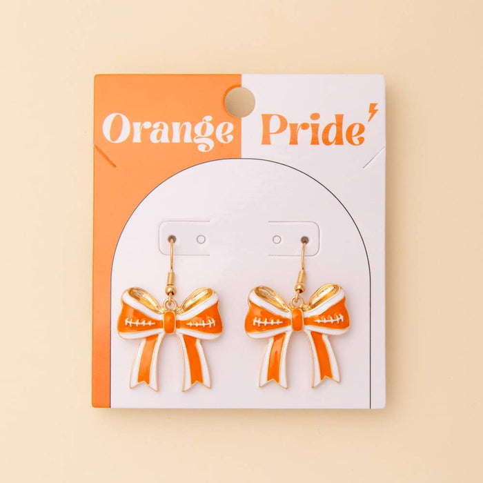 Game Day Enamel Chevron Bow Ribbon Dangle Earrings: Orange White *TN COLLECTION*