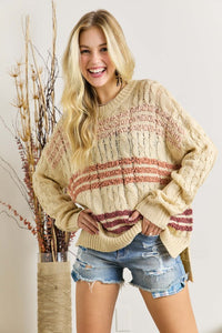 9854- Beige w/ Neutral Stripe Detail Knit Sweater