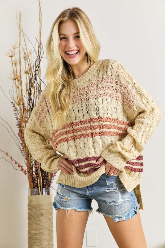 9854- Beige w/ Neutral Stripe Detail Knit Sweater