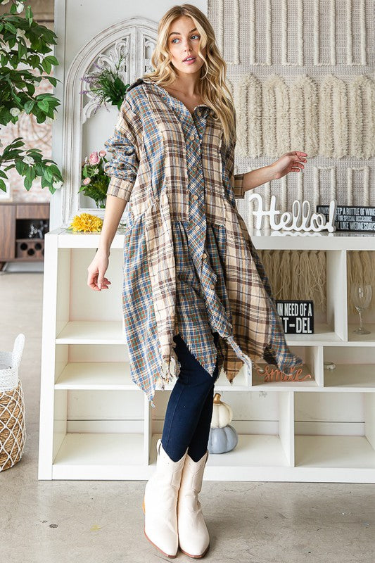 9160- Blue Plaid Mix Button Down Tunic w/ Shark Bite Hem Detail