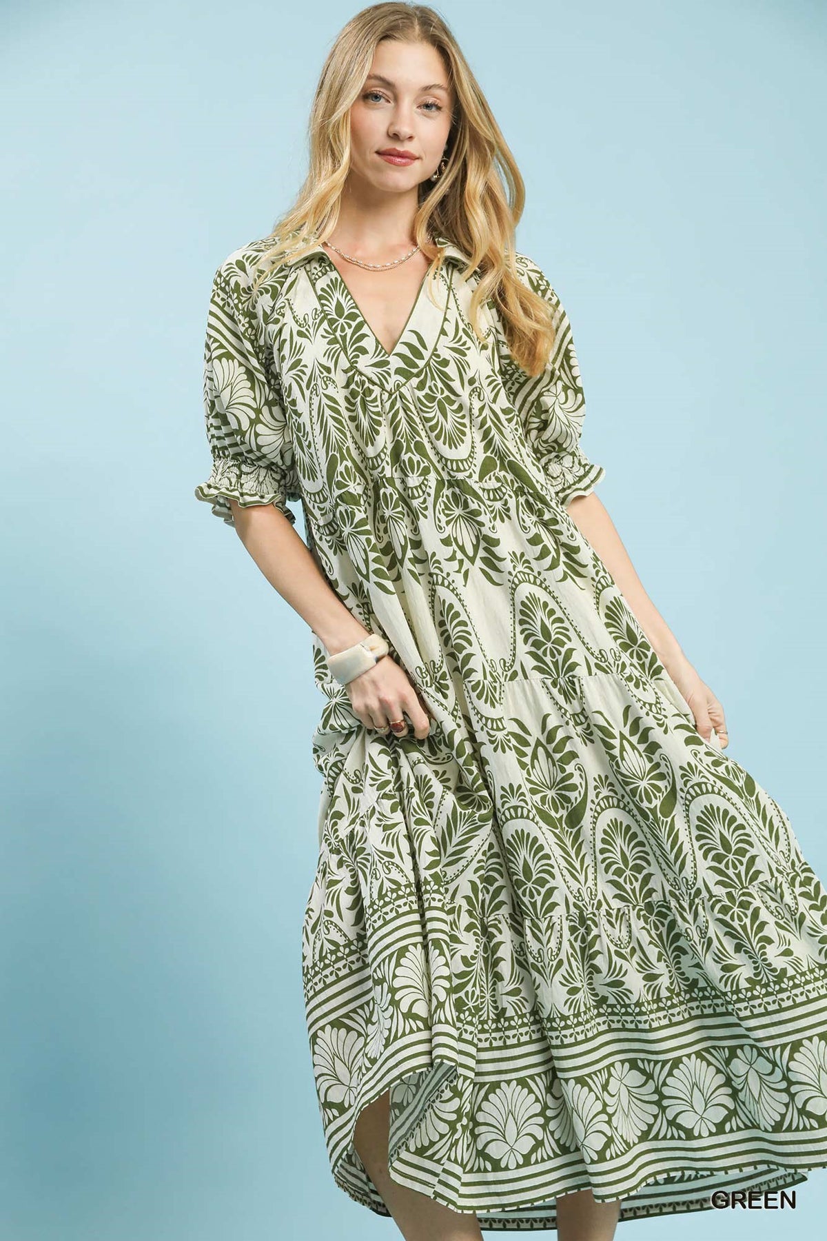 Green Two-Tone Border Print Midi Dress by Umgee